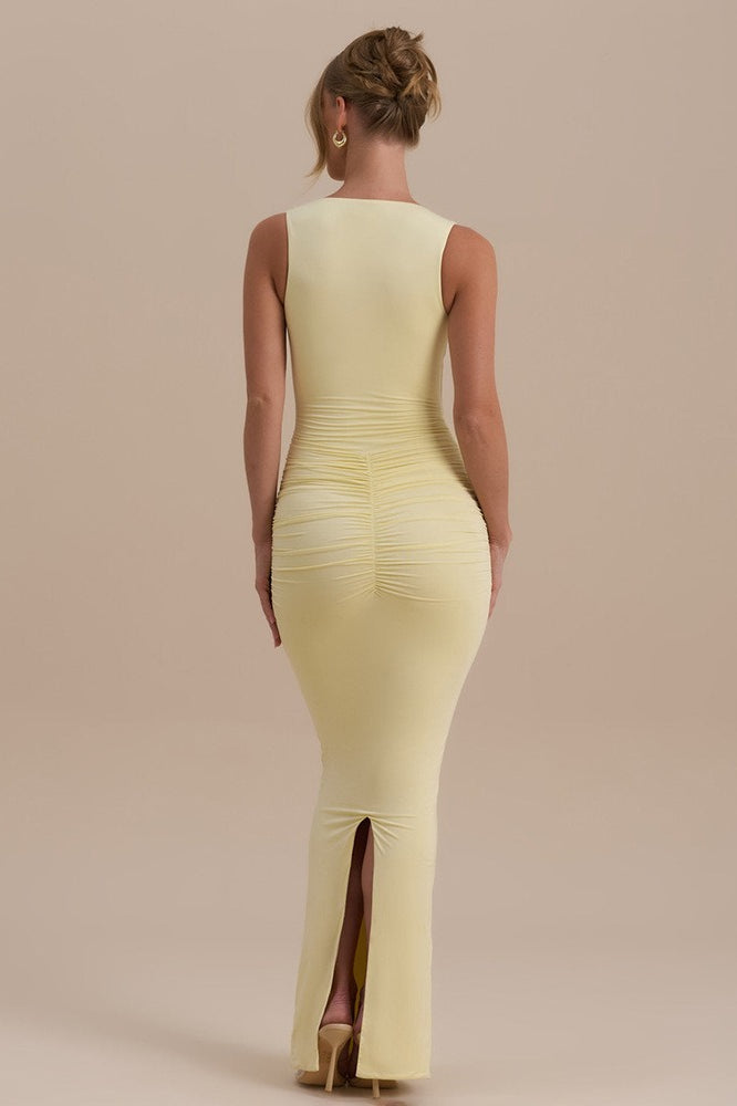 Ruched V-Neck Sleeveless Bodycon Fishtail Maxi Dress