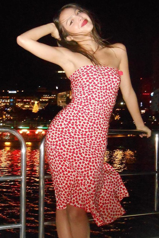 Heart Print Strapless Split Bodycon Midi Dress
