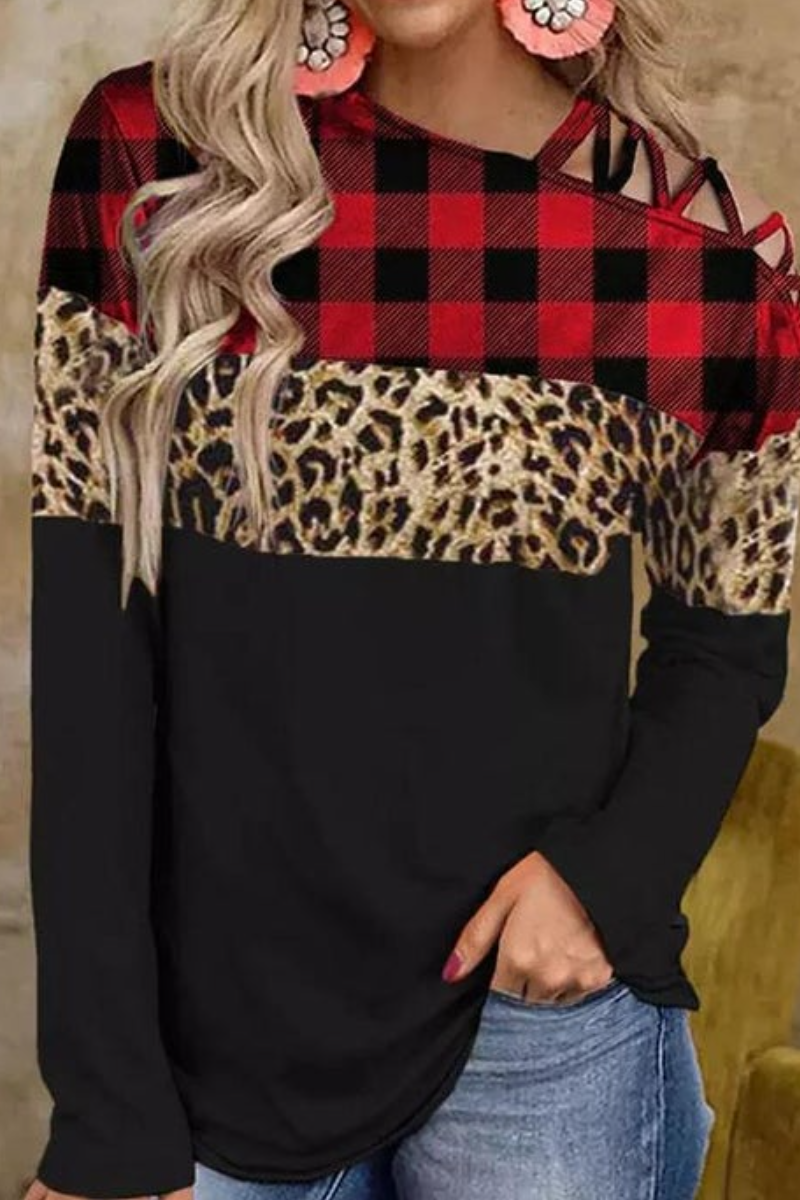 Buffalo Plaid Leopard Criss-Cross One Sided Cold Shoulder Blouse Fashionpara