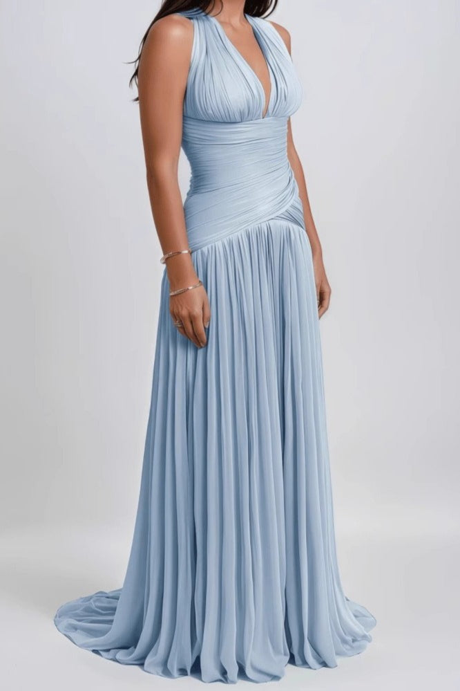 Halter Ruched Backless Deep V Sexy Elegant Formal Dress