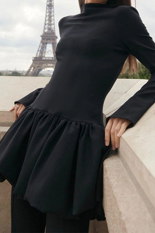Fitted High-Neck Long-Sleeve Bubble-Hem Mini Dress
