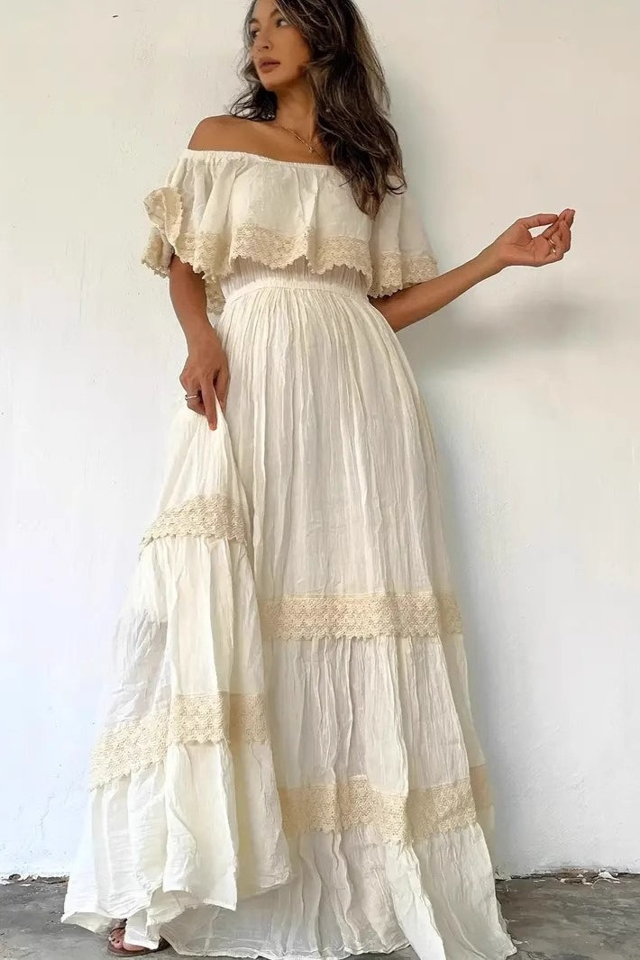 Off-Shoulder Ruffle Lace Trim Tiered Boho Maxi Dress
