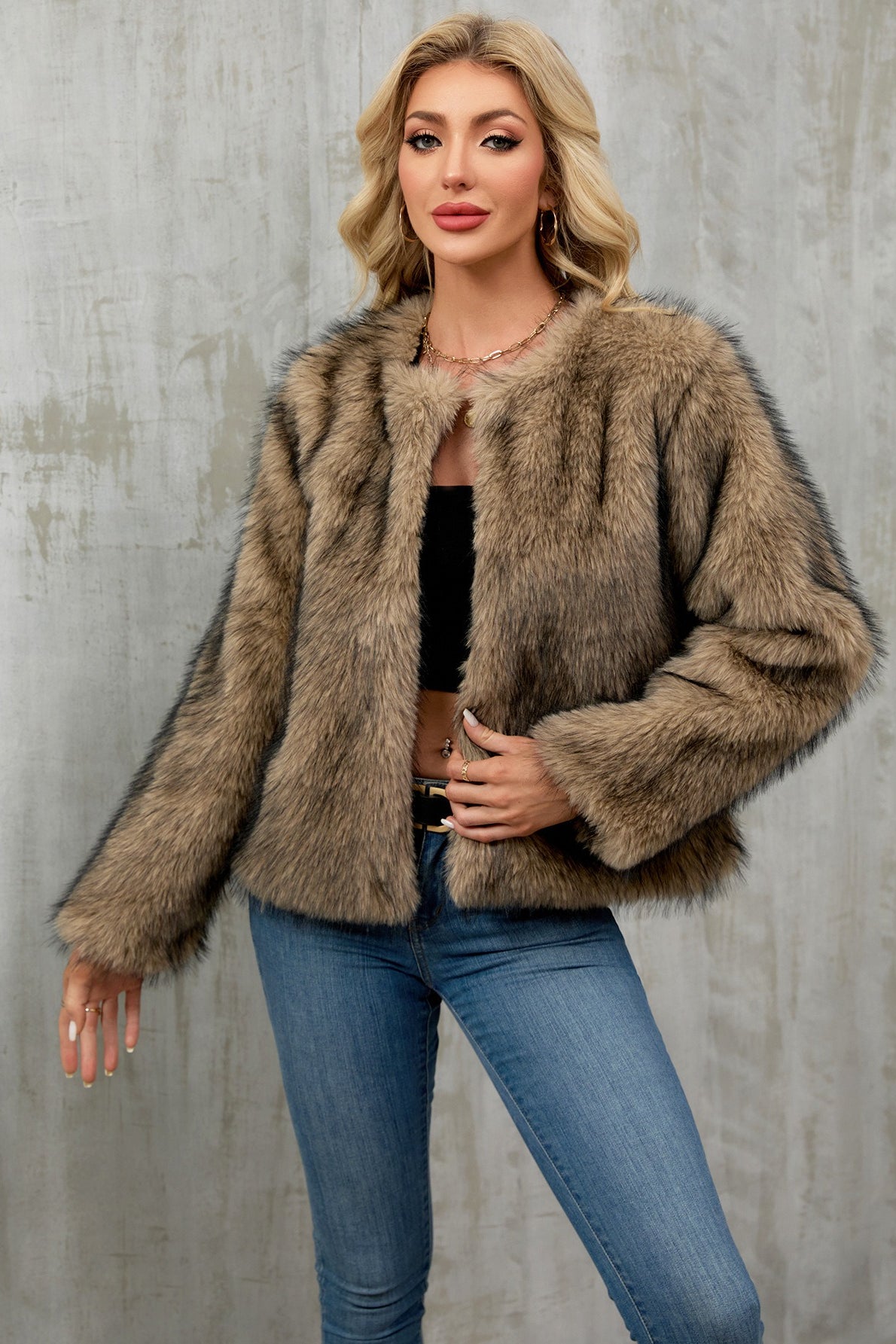 Cropped Faux Fur Zip Coat - Fashionpara