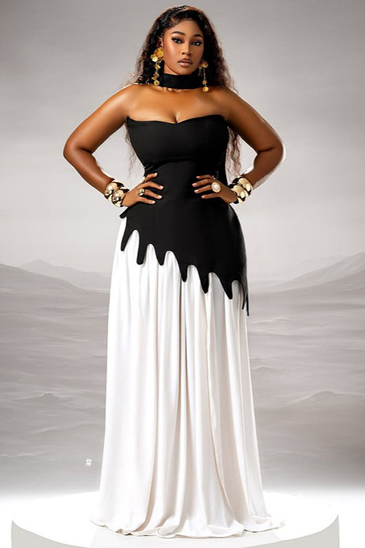 Black and White Color Block Waist-Cinching Maxi Dress