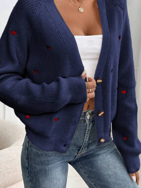 Heart Embroidery V-Neck Cardigan for Cozy Elegance