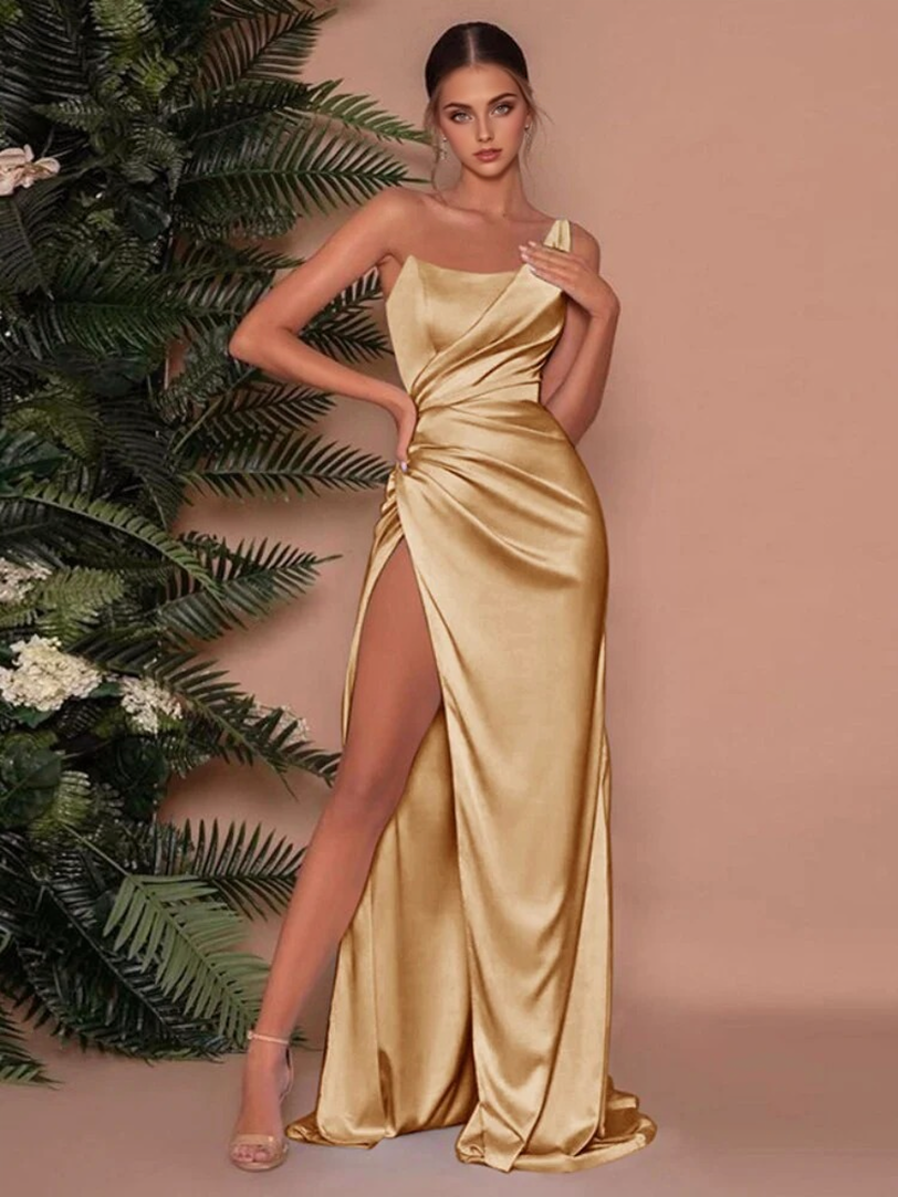 Split Gold Strapless Party Dresses 6