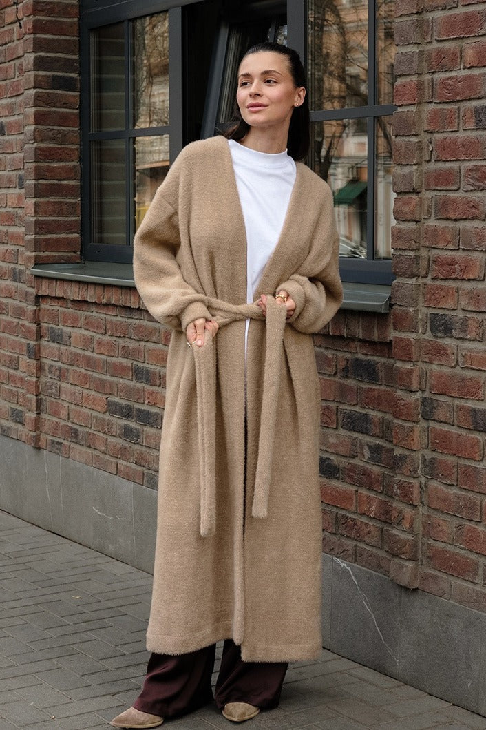 Chenille V Neck Belted Coat