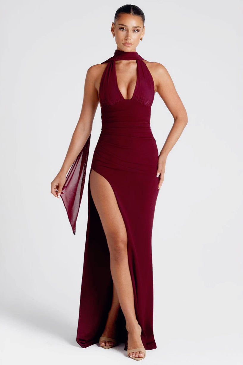 Halter Neck Plunge Ruched High-Slit Maxi Gown