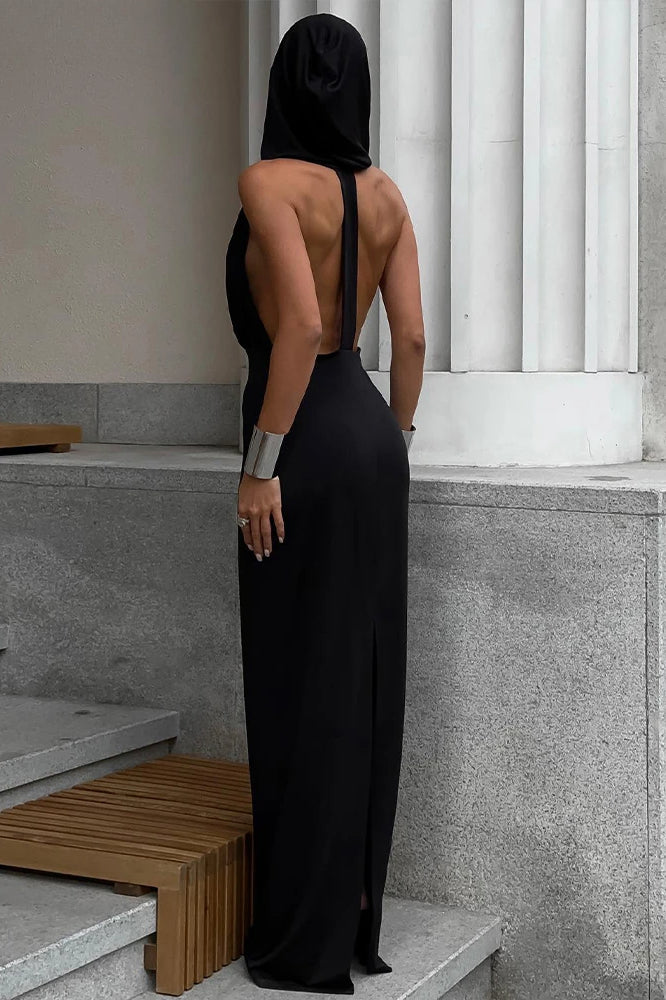 Hooded Halter Neck Plunge Open Back Mermaid Gown