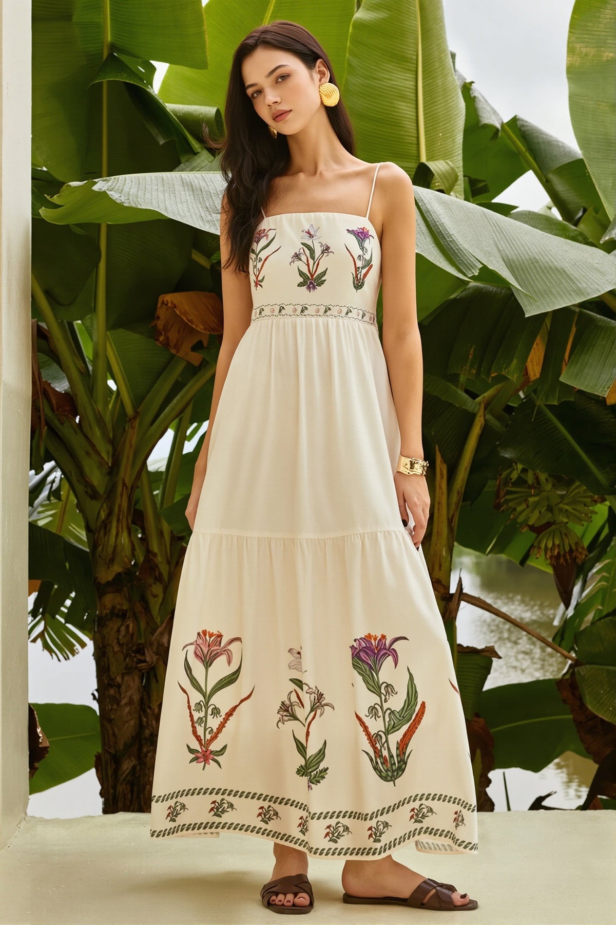 Botanical Floral Square Neck Tiered Maxi Dress