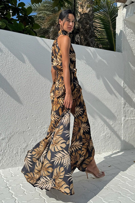 Tropical Print Halter Neck High Slit Maxi Dress 3