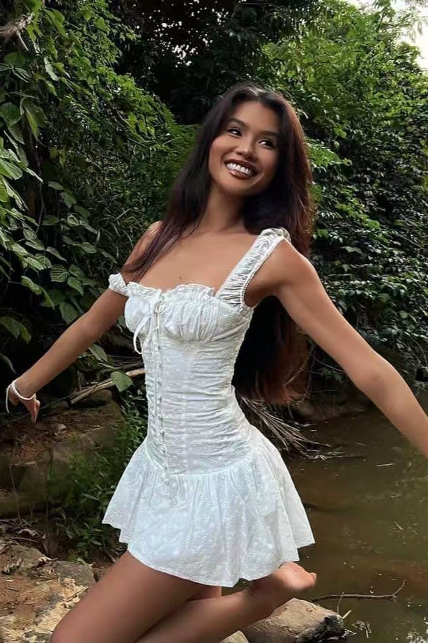 Embroidered Square Neck Corset Mini Dress