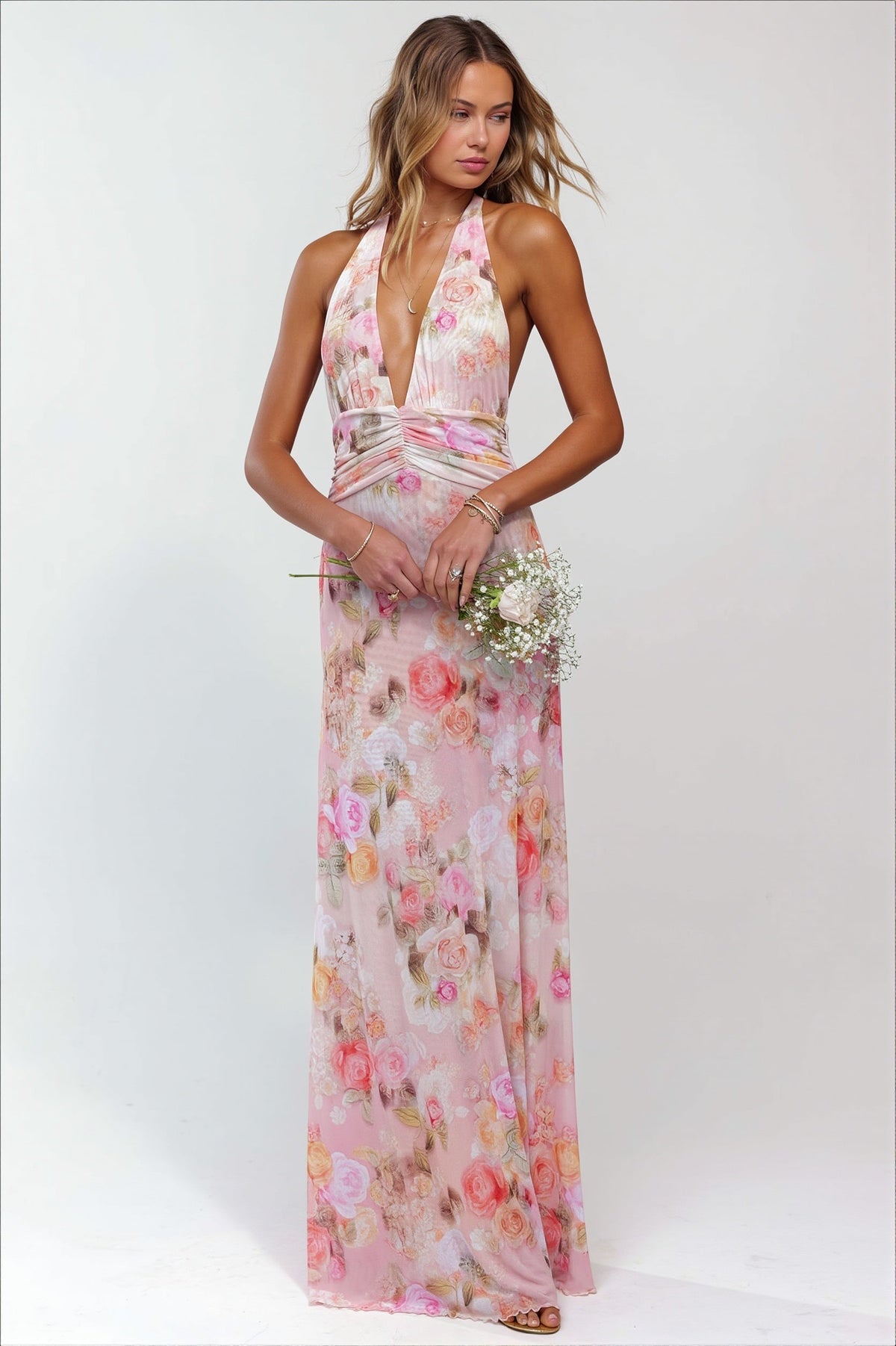 Floral Halter Deep V Backless Maxi Gown 2