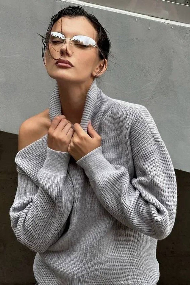 Off Shoulder High Neck Knit Sweater