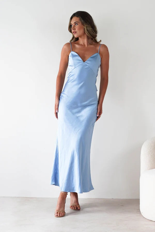 Satin V-Neck Bias Cut Slip Maxi Dress 4