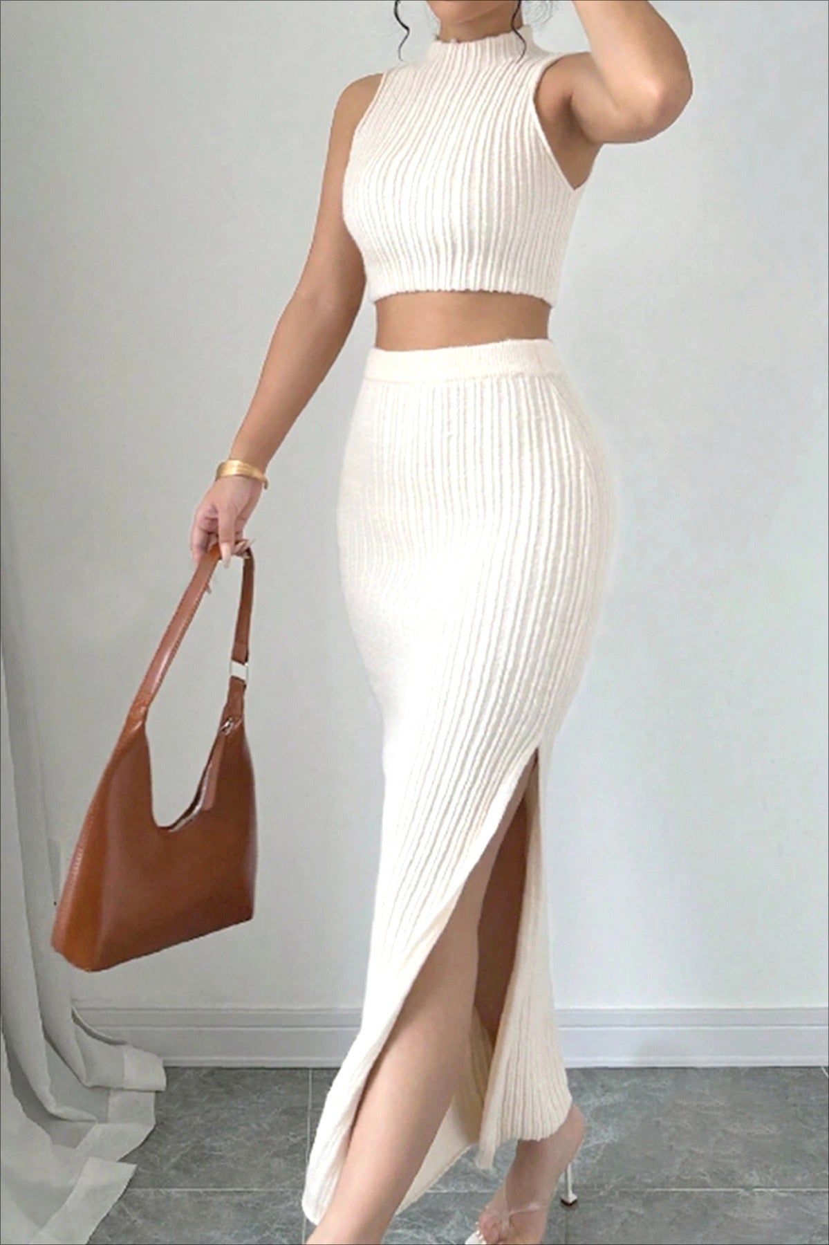 Knit Sweater Tank Top & Split Skirt Sweater Dress S / White