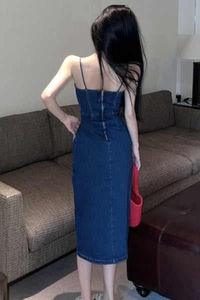 Denim Strapless Corset High-Slit Bodycon Dress