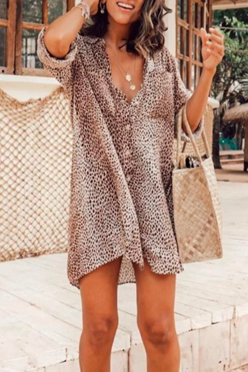 Turndown Collar Print Coffee Mini Dress Fashionpara