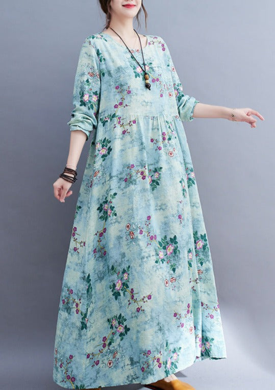 Small Floral Print Empire Waist Gathered Long Sleeve Loose Maxi Dress