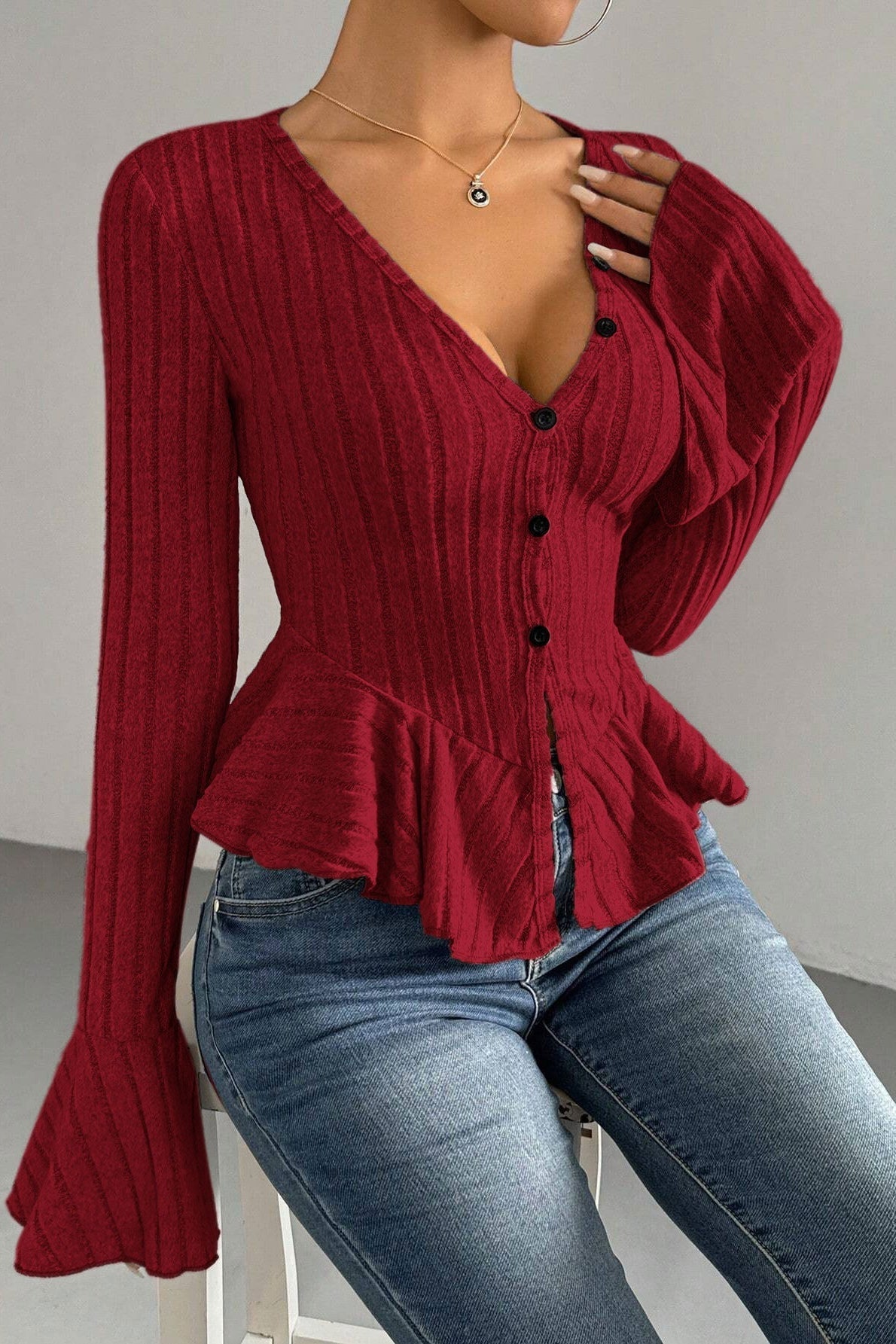 Flounced V-Neck Bodycon Knit Top