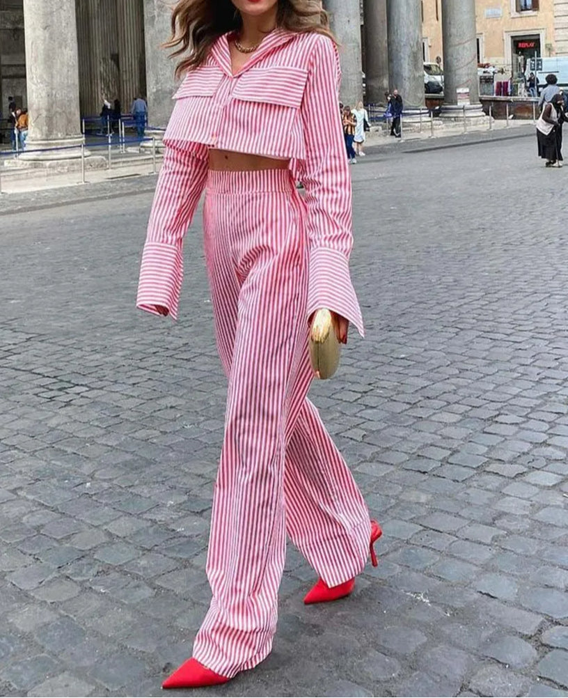 Red Print Pockets Crop Trousers Office Two Piece Set