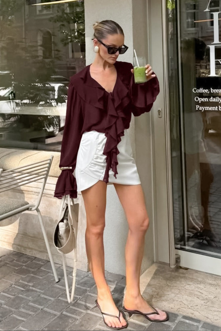 Ruffled V-Neck Tie Long Sleeve Blouse - Fashionpara