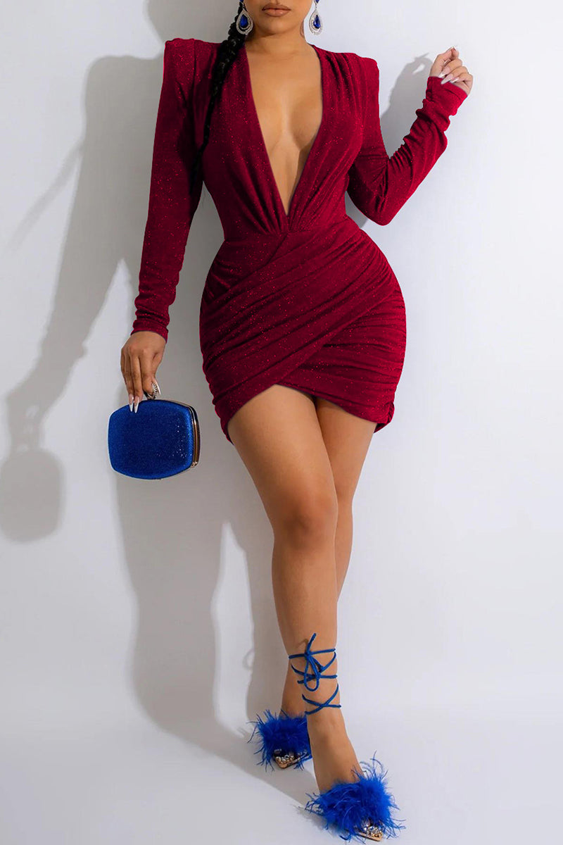 Sexy Solid Patchwork V Neck Long Sleeve Dresses Fashionpara