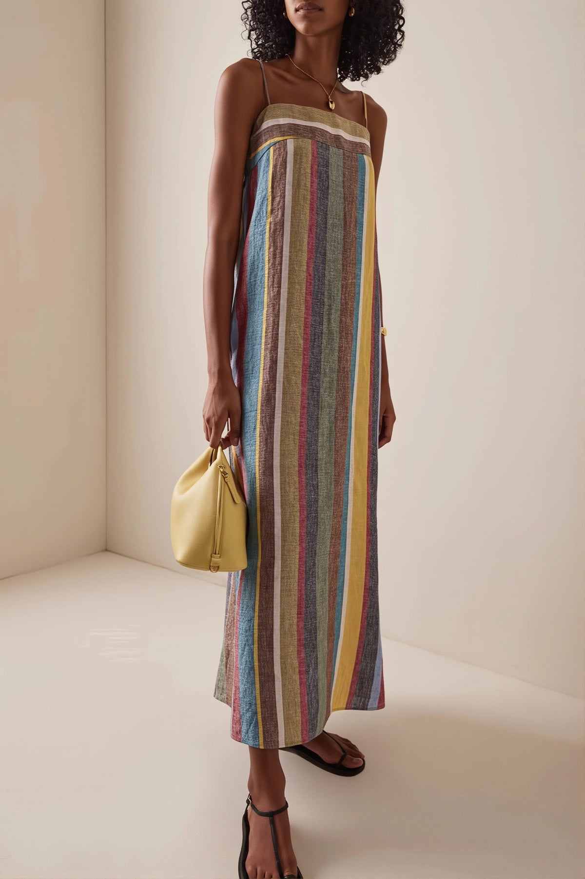 Striped Square Neck Strappy Slip Maxi Dress