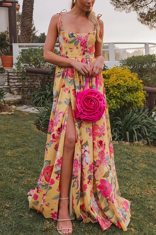 Garden Wedding Floral Print Back Tie-up Pocketed Slit Maxi Dress - Fashionpara