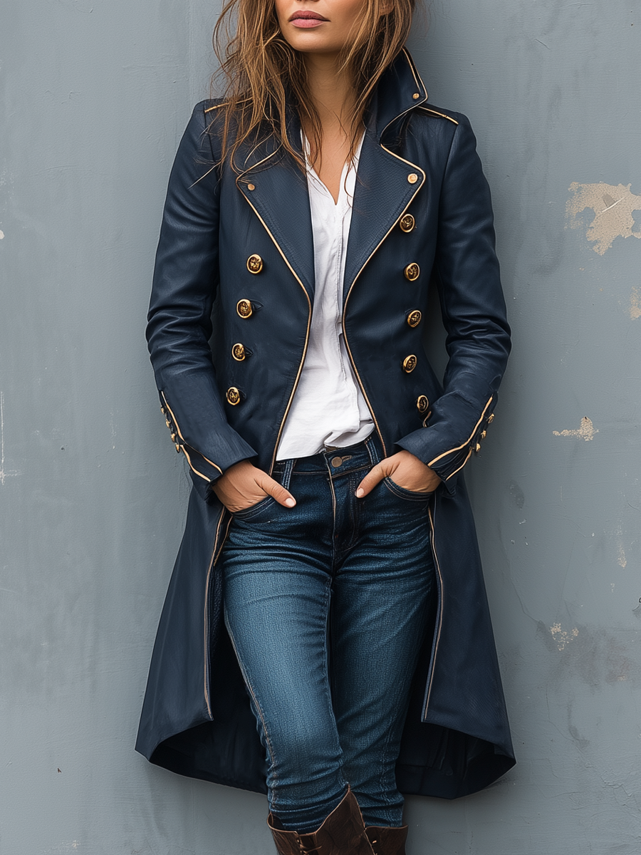 Retro Military Style Double-breasted Faux Leather Coat - Fashionpara