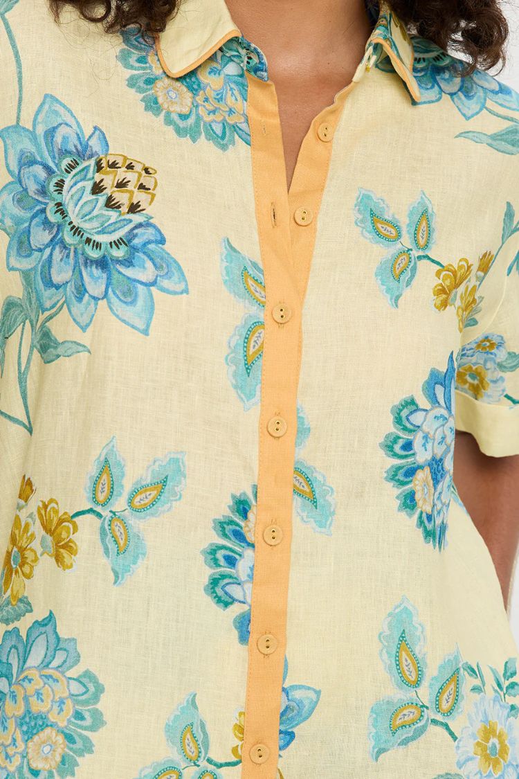 Giselle Linen Blend Floral Print Short Sleeve Shirt and Zipper Mini Skirt Set - Fashionpara