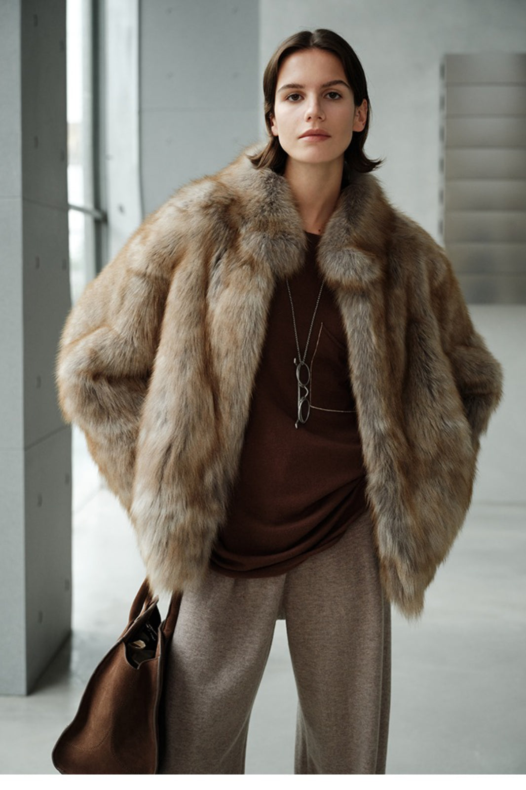 Minimalist Mid-Length Faux Fur Stand Collar Coat