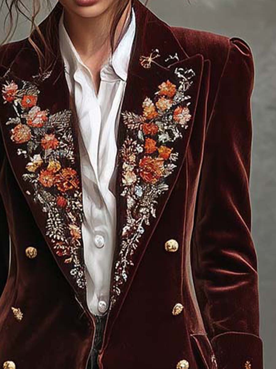 Wine Velvet Embroidered Long Coat With Gold Buttons - Fashionpara