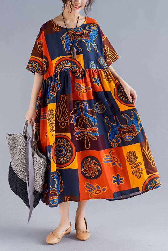 Folk Art Print Empire Waist Short Sleeve A-Line Midi Dress