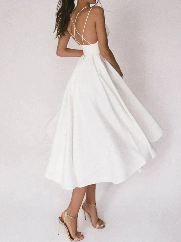 Double Strap Deep V-Neck Cinched Waist Midi Cocktail Dress - View 2