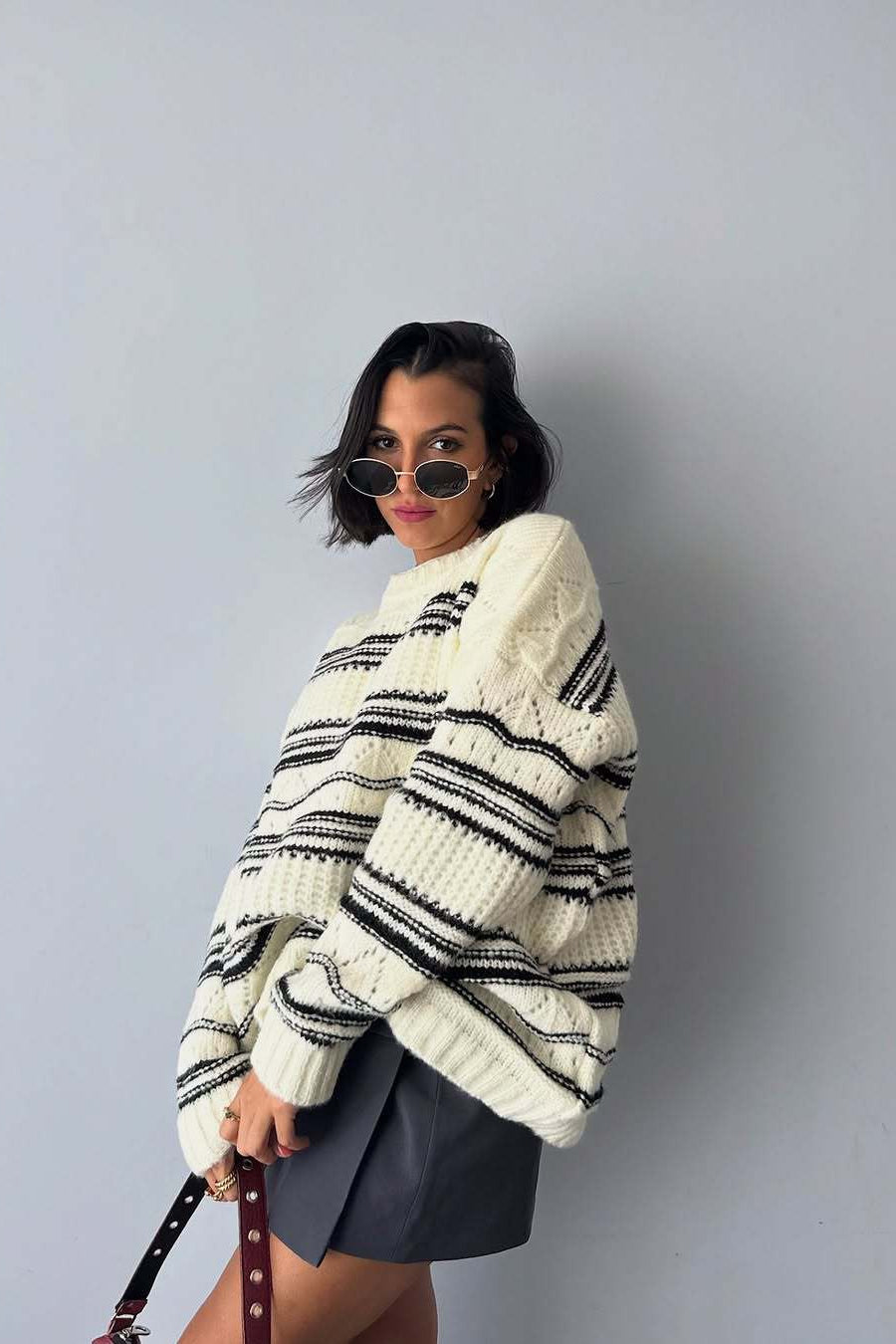 PrincessAce Vintage Thick Striped Knit Crew Neck Sweater