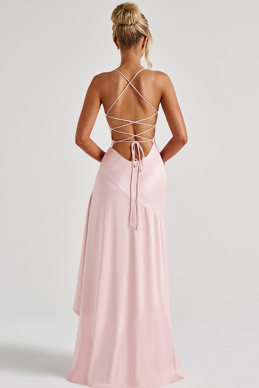 Satin Cowl Neck High Split Ruffle Maxi Dress