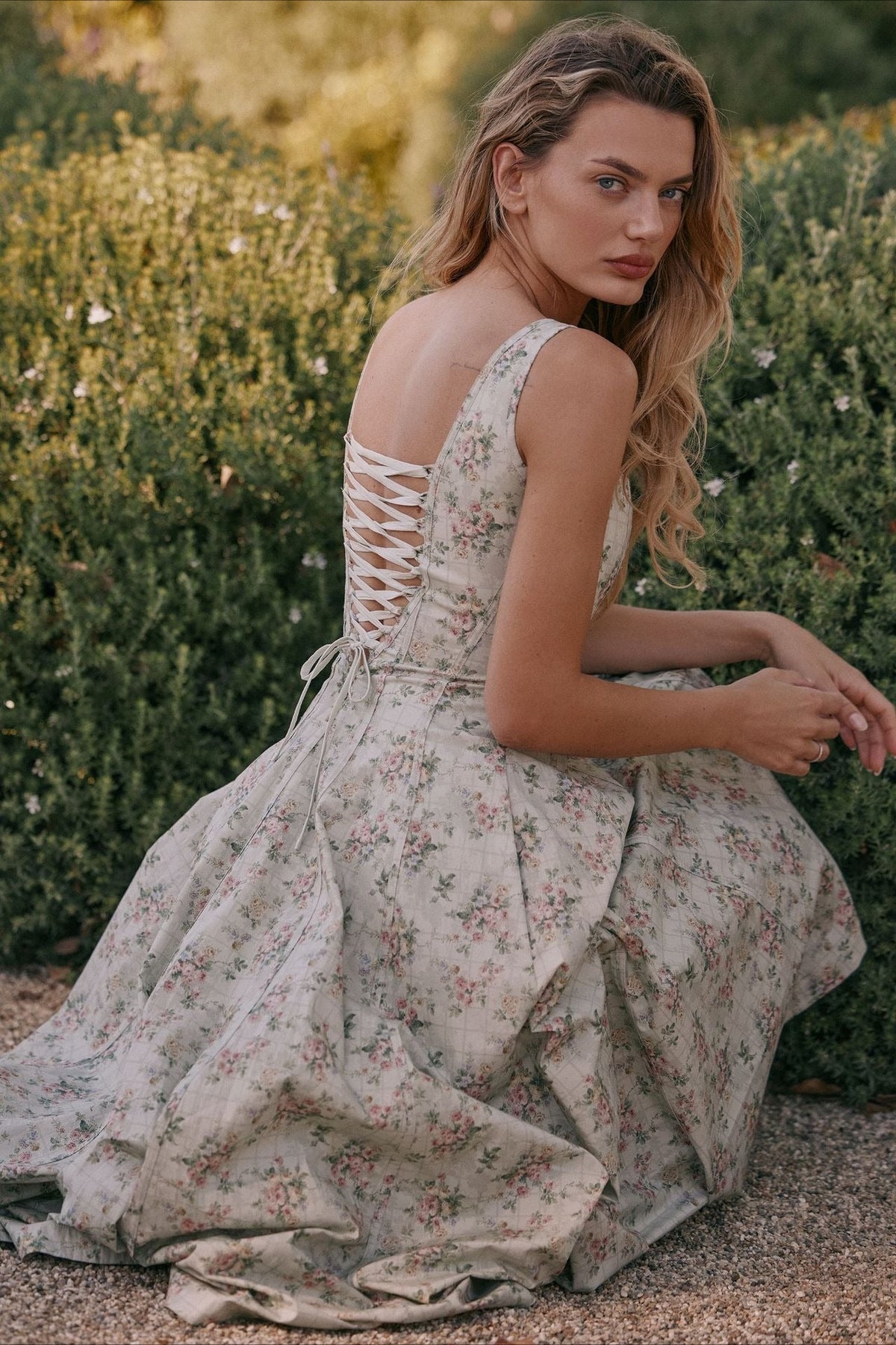 Floral Print Square Neck Corset Fit & Flare Midi Dress