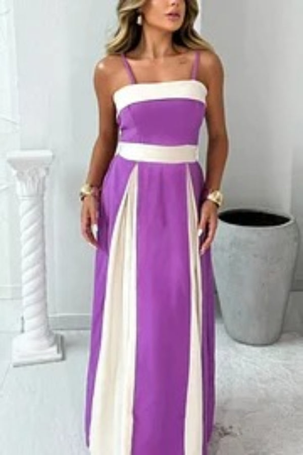 Fashion Contrast Color Sling Back Pleated Lace Up Maxi Dress - Fashionpara