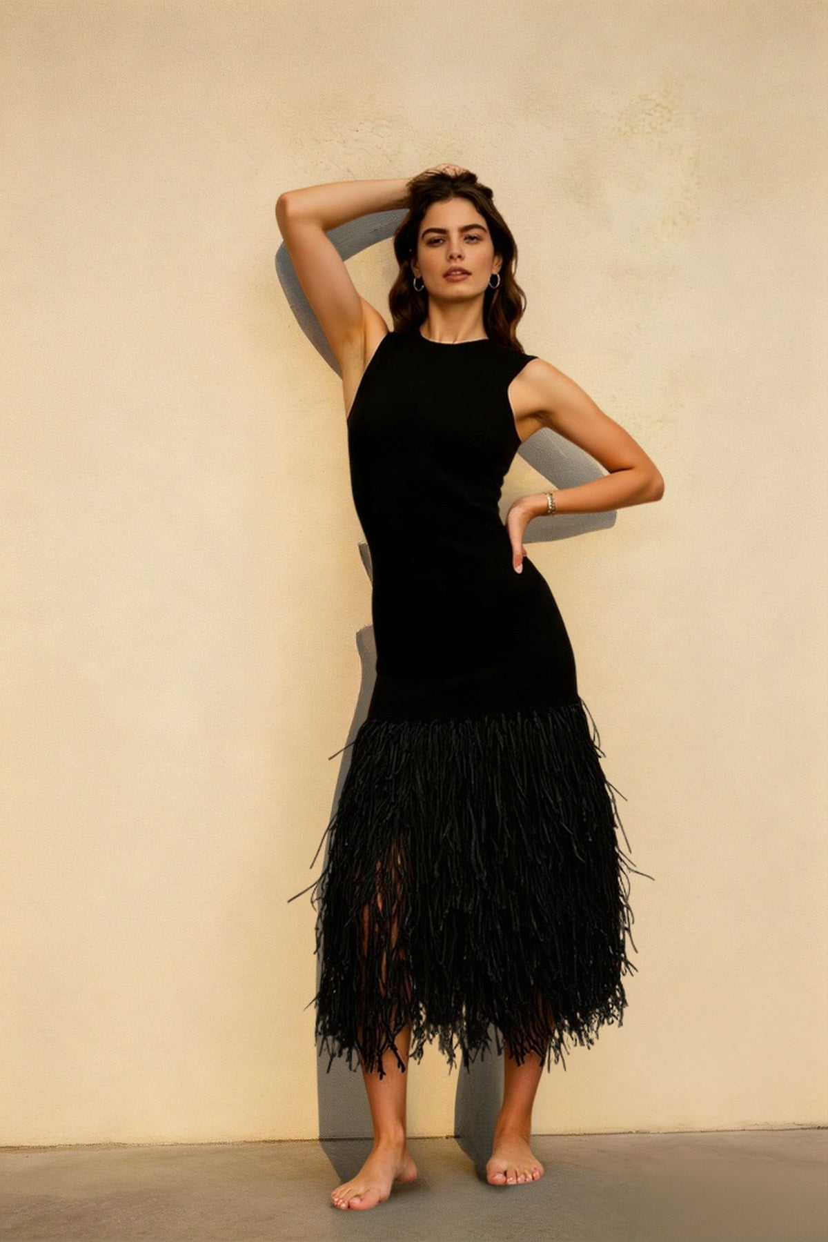 Solid Raffia Panel Knit Midi Cocktail Dress