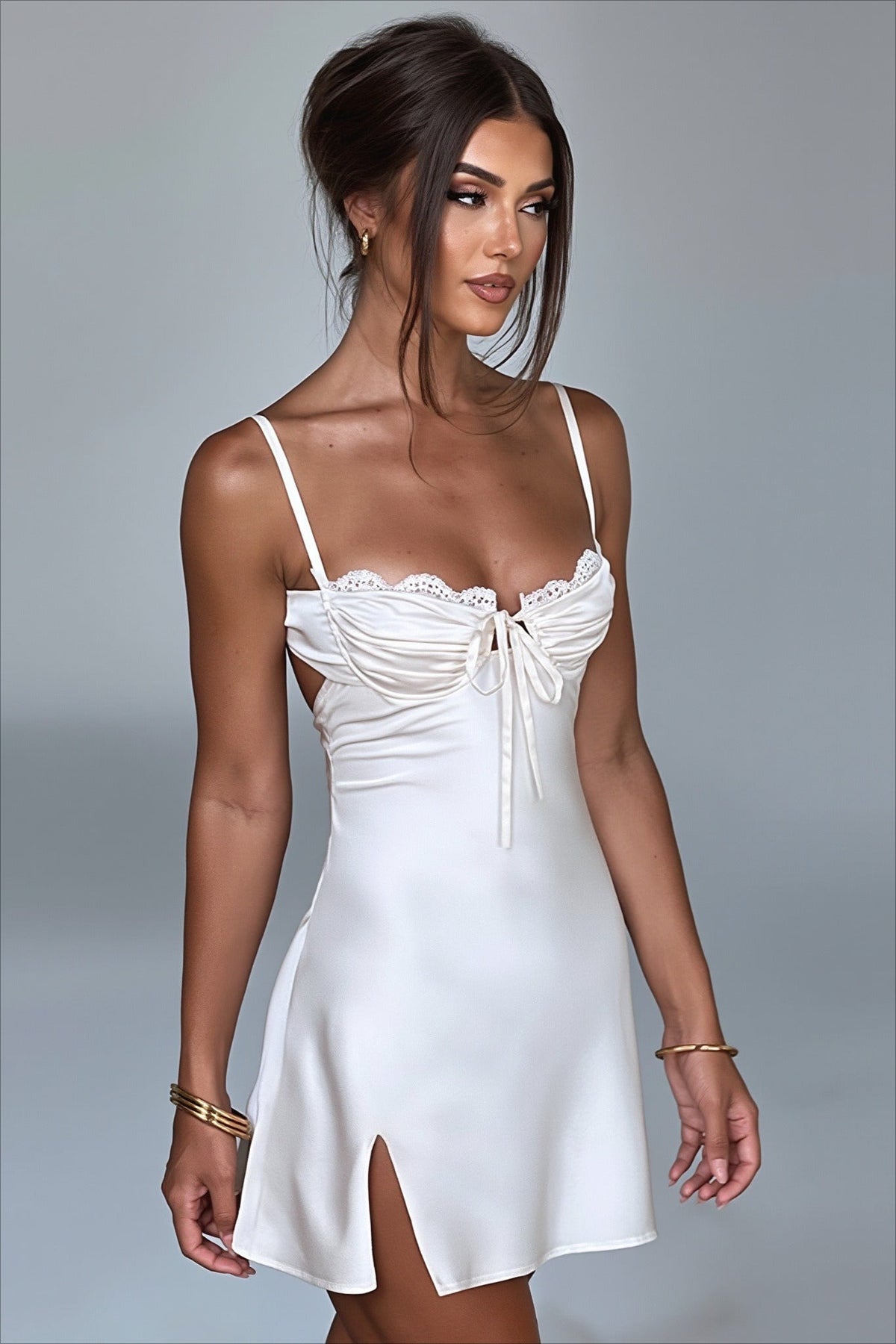 Satin Sweetheart Lace-Trim Bow-Front Slip Mini Dress