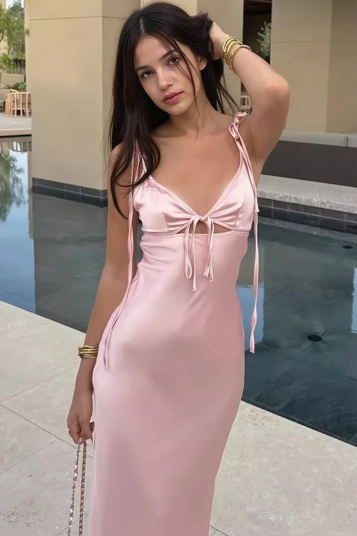 Satin V-Neck Tie Shoulder Cut Out Slip Maxi Dress