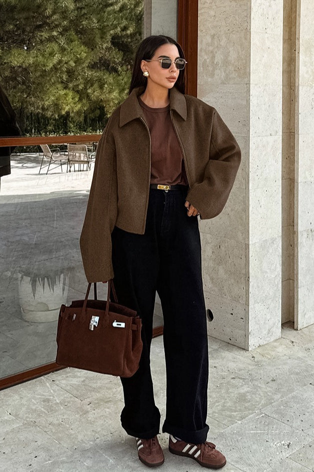 Collared Zip Front Wool Blend Jacket
