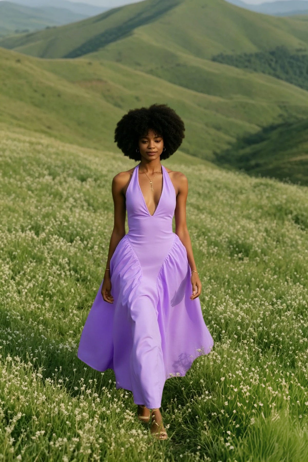 Cotton Plunge Halter Neck Fit-and-Flare Midi Dress