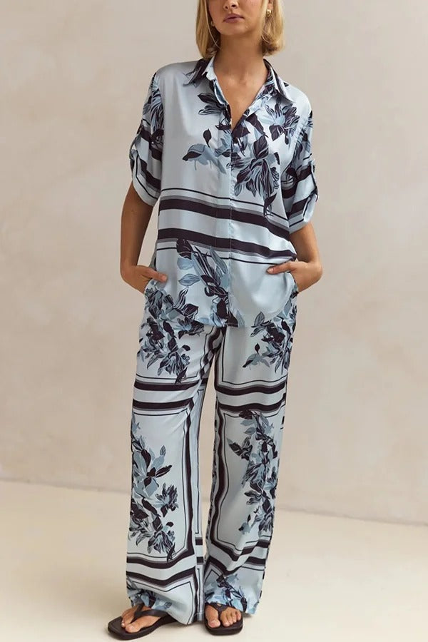 Fashionable Plant Print Loose Lapel Short Sleeve Shirt and Casual Elastic Waist Pocket Pants Set - Fashionpara