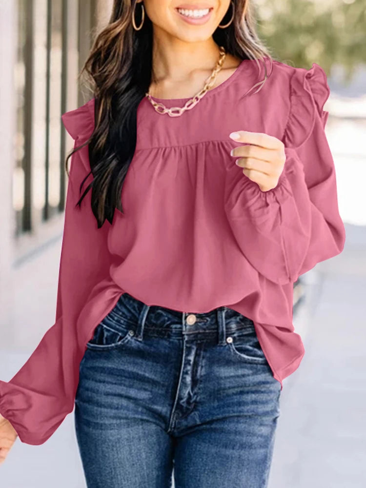 Pleated Front Lantern Sleeve Casual Chic Blouse