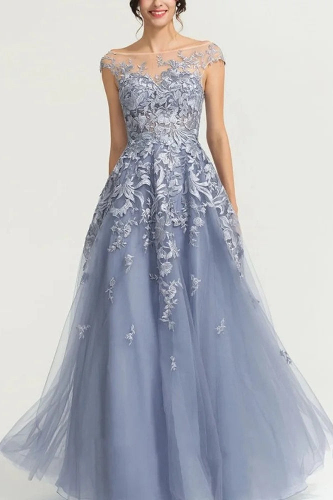 Lace Illusion Neck Cap Sleeve Tulle A-Line Prom Dress