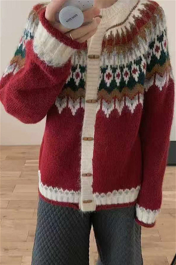 Fair Isle Knit Cardigan with Horn Buttons for Winter Style