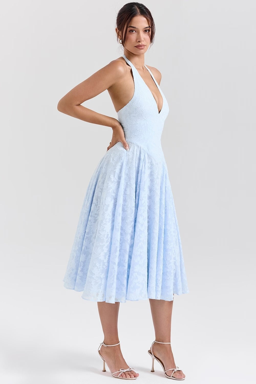 Textured Halter Neck Deep V Fit & Flare Midi Dress 2