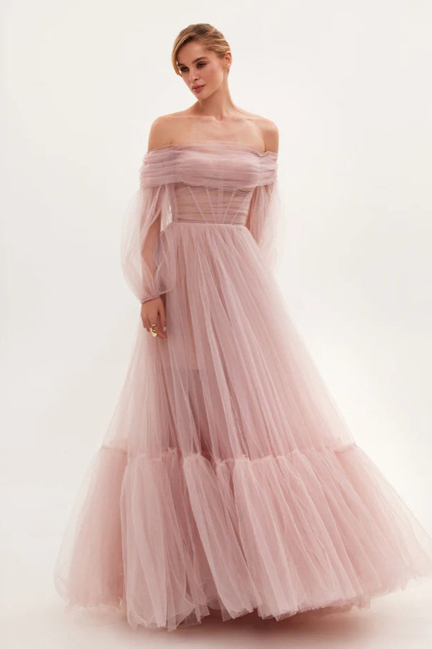 Tulle Off Shoulder Bishop Sleeve Corset A-Line Maxi Dress - View 3